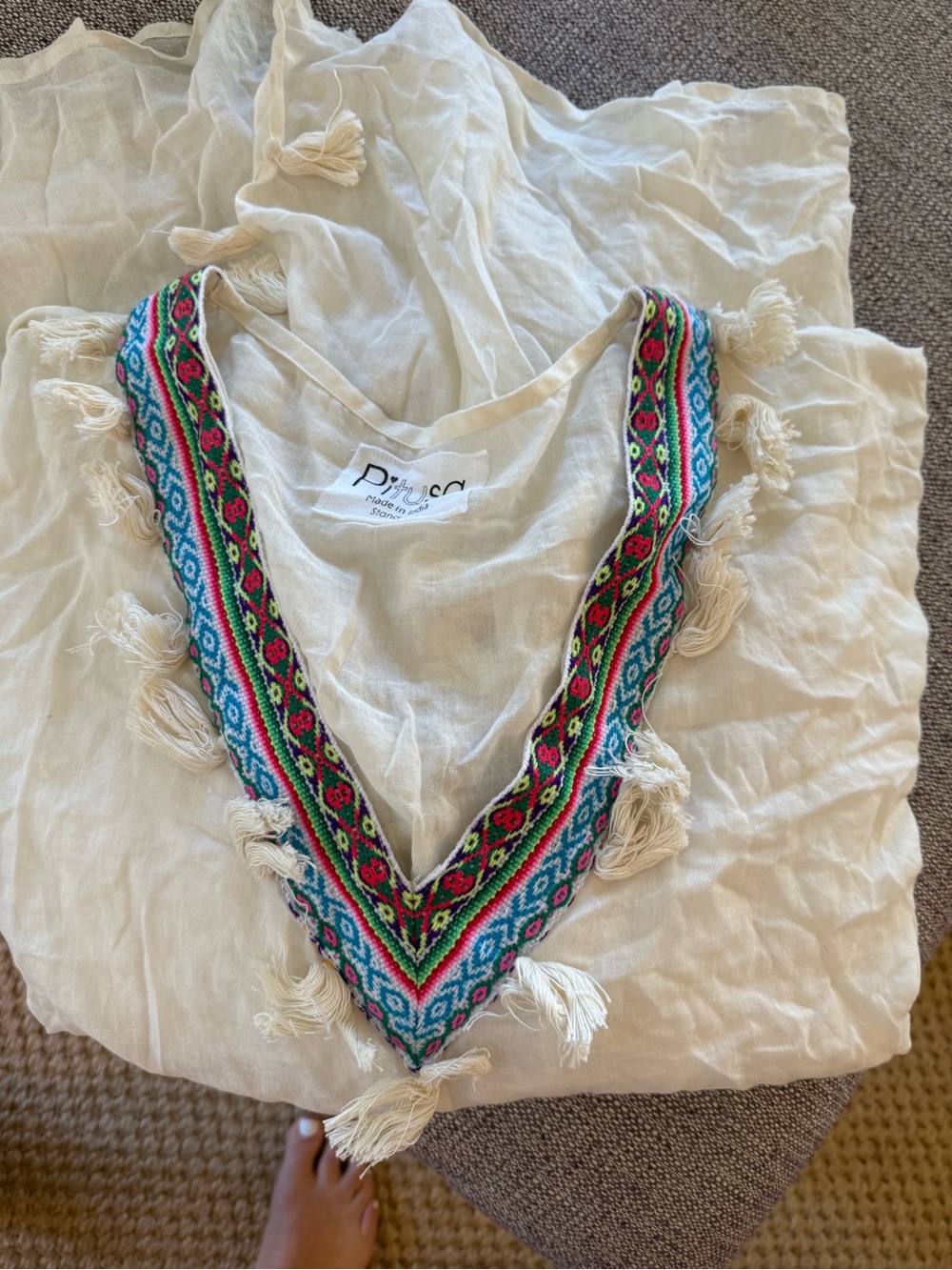 Pitusa Ivory Swim Coverup with Multi-Color Embroidered V-Neck